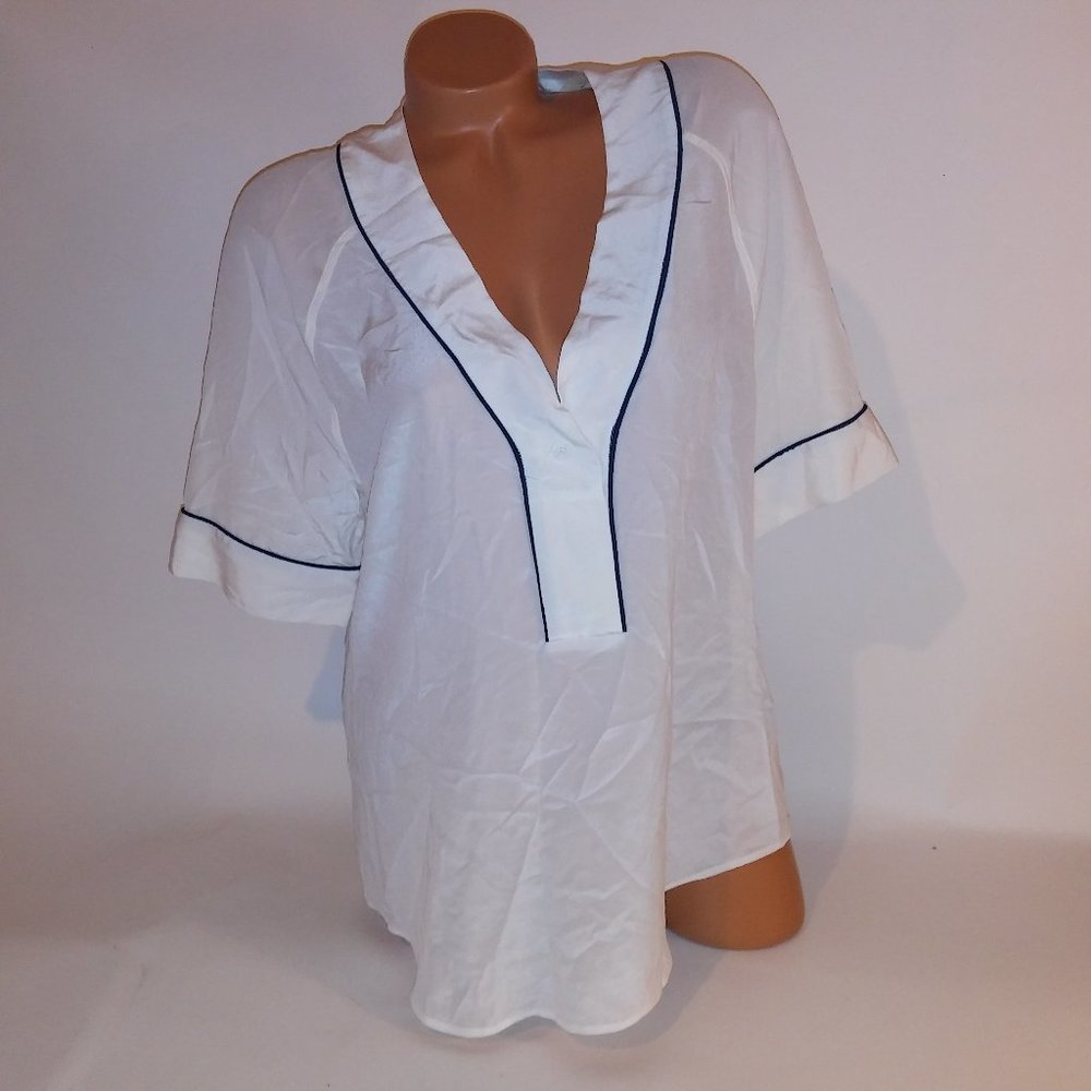 Equipment Femme Blouse Large White Short Sleeve V Neck Solid 100% Silk